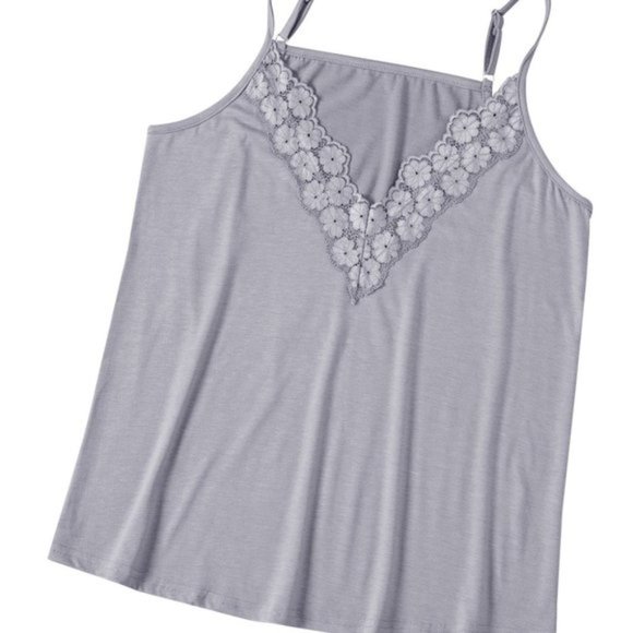 Delicate Floral Lace V Neck Spaghetti Strap Tank Top Light Gray - Picture 7 of 11